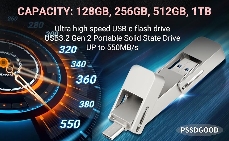 Text reads 'CAPACITY: 128GB, 256GB, 512GB, 1TB' and 'USB3.2 Gen 2 Portable Solid State Drive' and 'UP to 550MB/s'. Blue and orange technical product diagram.