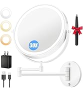 5000mAh Rechargeable Wall Mounted Lighted Makeup Mirror, 9'' 30X/1X Double-Sided Magnifying Mirro...