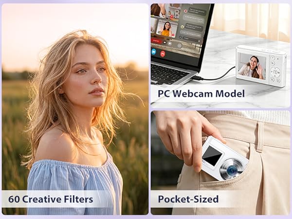 Compact travel camera with 60 filters for creative selfies, travel photos. PC webcam mode