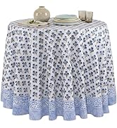 ATOSII Gulbahar Blue 100% Cotton Fall Round Tablecloth, Handblock Print Floral Table Cloth for Ki...