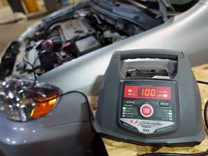 Car battery charger uses an advanced charging algorithm to keep batteries in top condition.