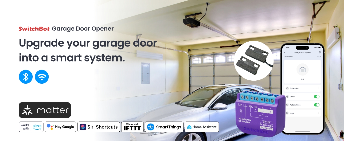SwitchBot garage door opener system with smartphone control. Shows garage interior, car, and device components. Compatible with various smart home platforms.