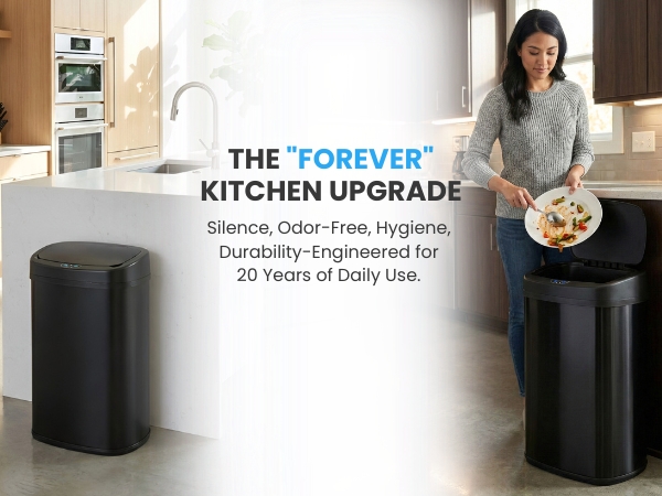 iTouchless black stainless steel sensor kitchen trash can with soft-close lid and odor filter