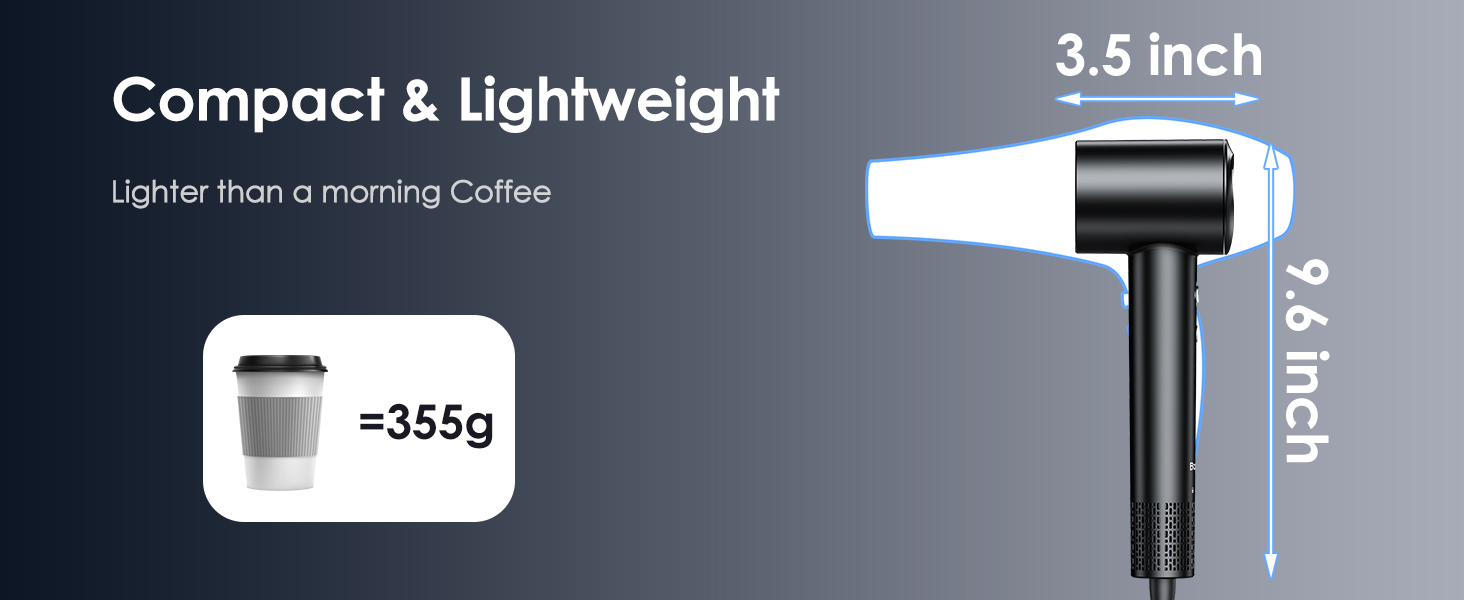 Compact and lightweight hair dryer showing size dimensions