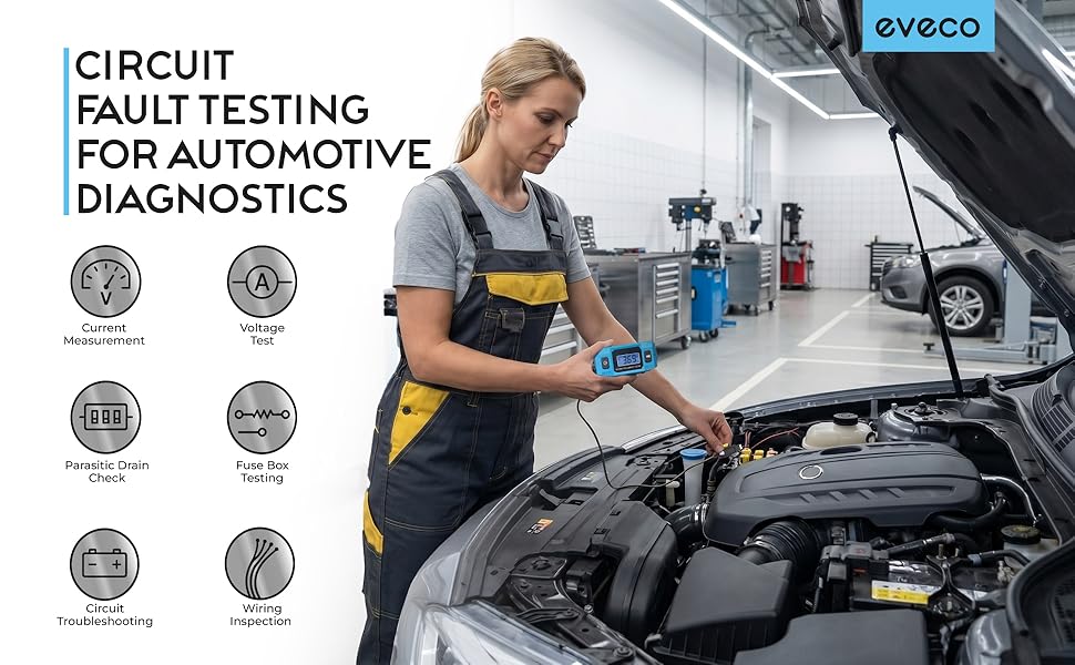 An automotive mechanic uses a blue digital diagnostic tool on a car engine bay inside a garage