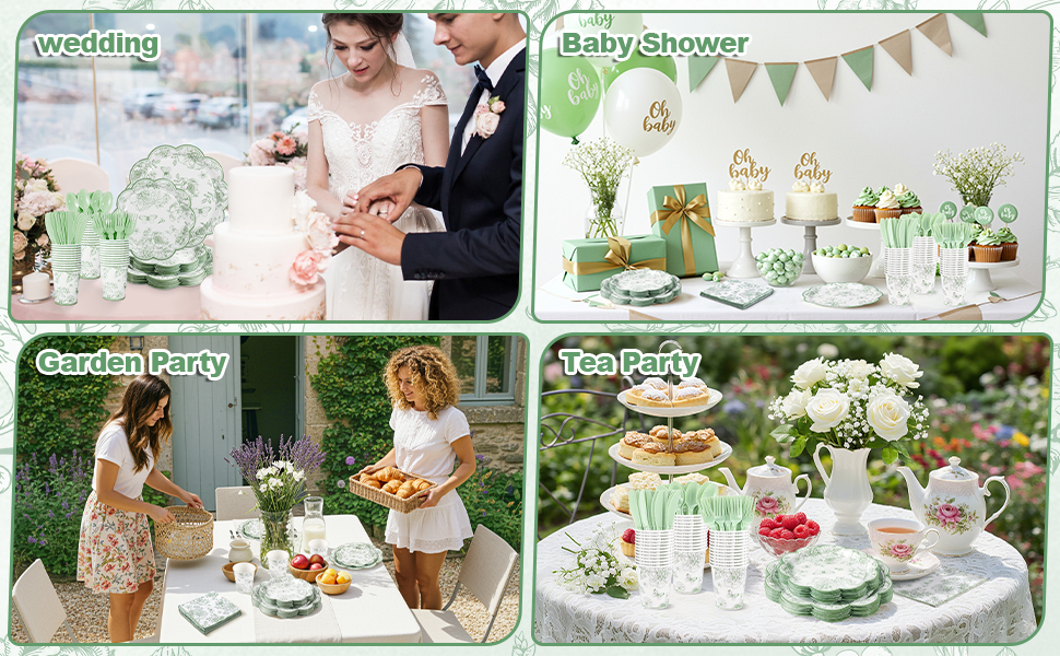 sage green floral plates