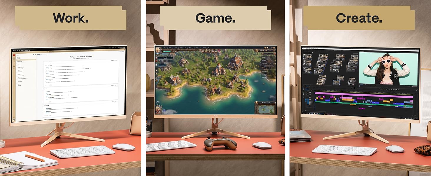 Beige 27-inch monitor for office work, gaming, competitive play, and creative use