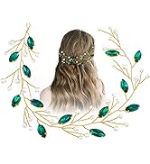 Aswewamt Green Pearl Crystal Bride Wedding Hair Vine Headband Green Leaf Headpiece Rhinestone Gol...