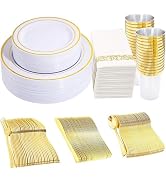 350 Pieces White and Gold Plastic Plates - 50 Guest Dinnerware Set Include 100 Plates, 50 Gold Pl...