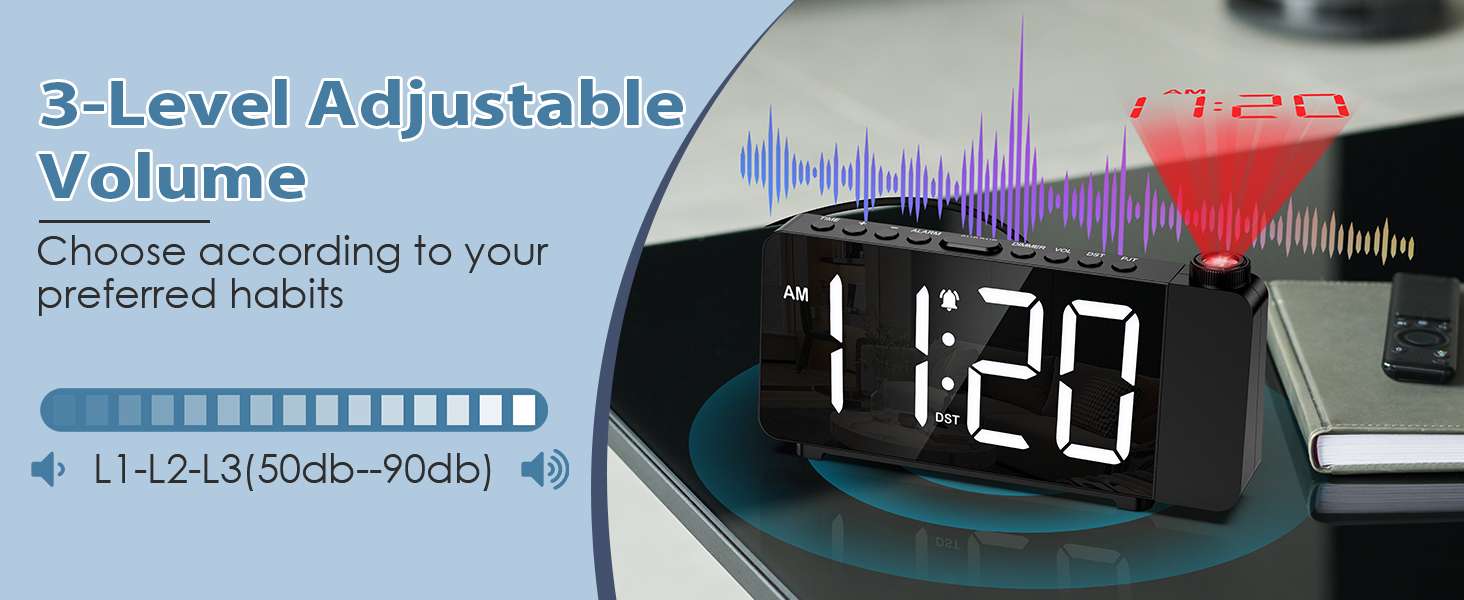 Projection Alarm Clocks for Bedrooms, Large LED Display Digital Clock with 180° Rotatable Projector