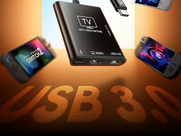 Text reads 'USB 3.0'. Black portable hard drive with colorful device images displayed on wooden surface with USB text visible.