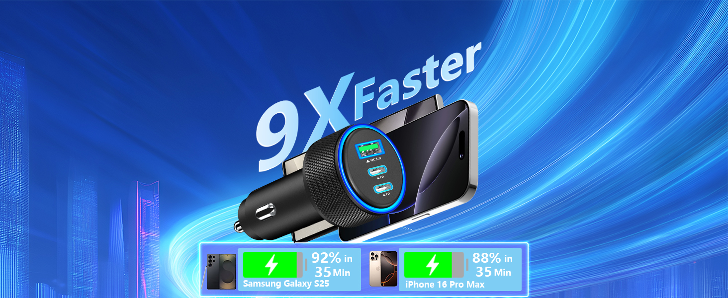 MFi Certified 3-Port 67W USB-C + USB-A Power Cigarette Lighter iPhone 16 Car Charger Fast Charging