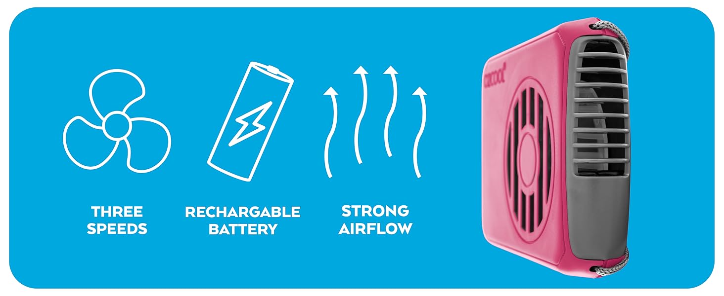 Pink O2Cool Rechargeable Necklace Fan, Three Speeds, Rechargeable Battery, Strong Airflow