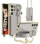 LIDEEYA for Samsung Galaxy S26 Ultra Case with Gold Frame Card Holder Metal Chain Finger Ring Ant...