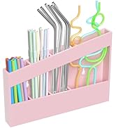 Rulyyo Acrylic Straw Holder for Cabinet - 9.5 Inch Pink Reusable Straw Organizer Dispenser with U...