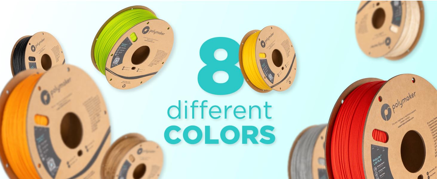 Color banner featuring 8 lightweight PLA filament options designed for high-quality 3D printing.