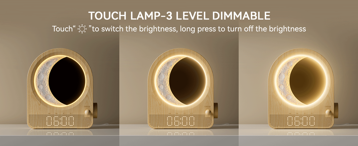 Touch lamp with 3 brightness levels. Circular LED light in wooden housing. Images show low, medium, and high settings. Text indicates touch control for brightness adjustment.