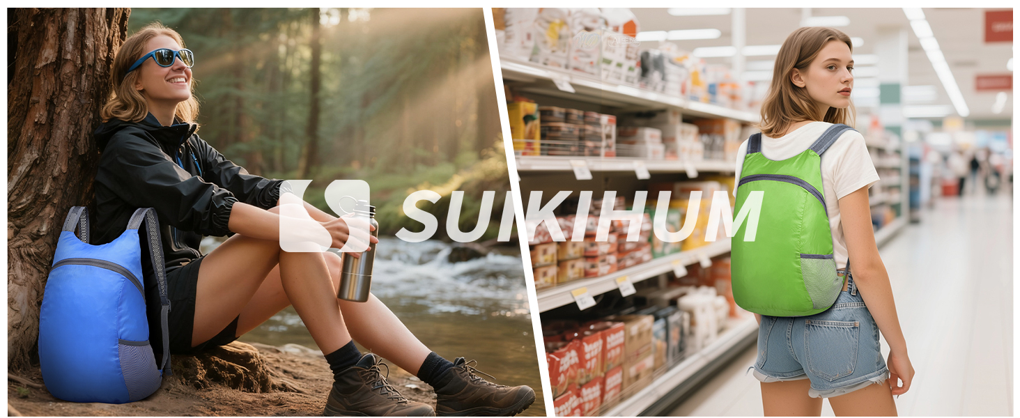 SUIKIHUM backpack for outdoor hiking and grocery shopping.