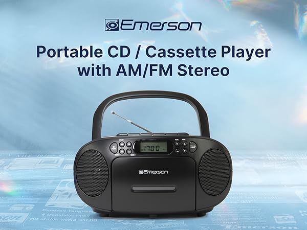 Emerson Portable CD and Cassette Player with AM/FM Stereo, Carrying Handle and Radio Antenna.