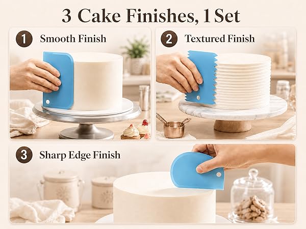 Byfryna 3 cake finishes guide with blue scrapers for cake decorating