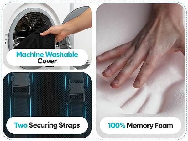 Lumbar support with two securing straps, washable cover, and 100% memory foam