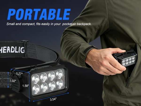 The head light for forehead is compact enough to fit in your pocket, suitable for people of all age