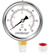 UHARBOUR Glycerin Filled Pool Filter Pressure Gauge 60psi/4bar, Stainless Steel Case, Brass Insid...