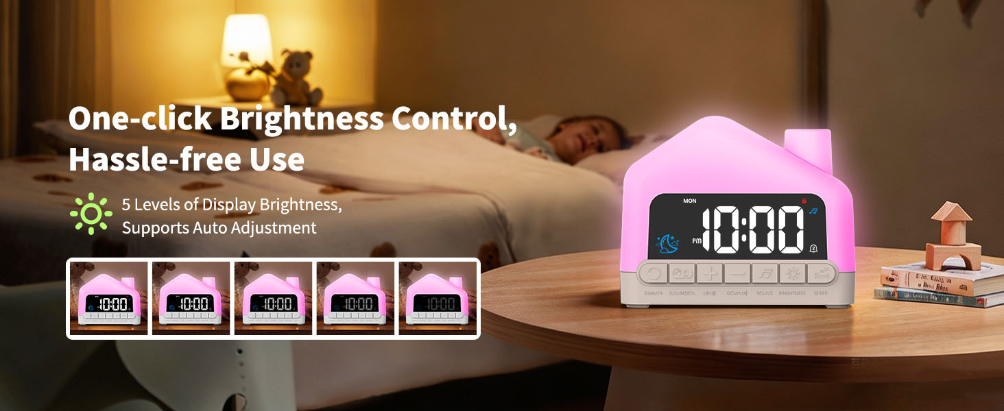 Text reads "Smart LED Brightness Control", "Hassle-Free". Digital alarm clock display showing "10:00" with purple glowing face, five control buttons below screen, positioned on nightstand with decorative items.