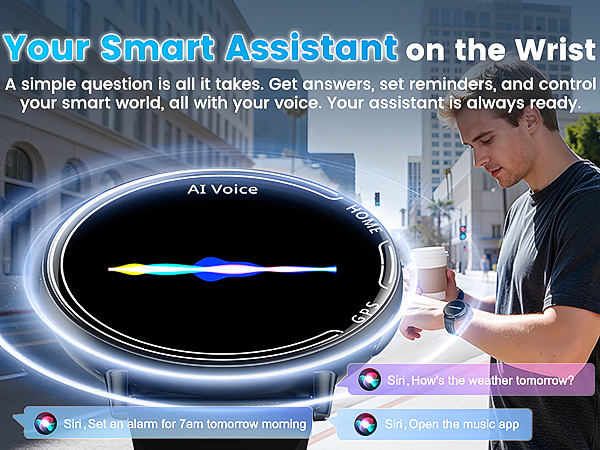 Text reads 'Your Smart Assistant on the Wrist' and 'A simple question is all it takes. Get answers, set reminders, and control your smart world all with your voice. Your assistant is always ready.' Shows smartwatch interface with AI features.