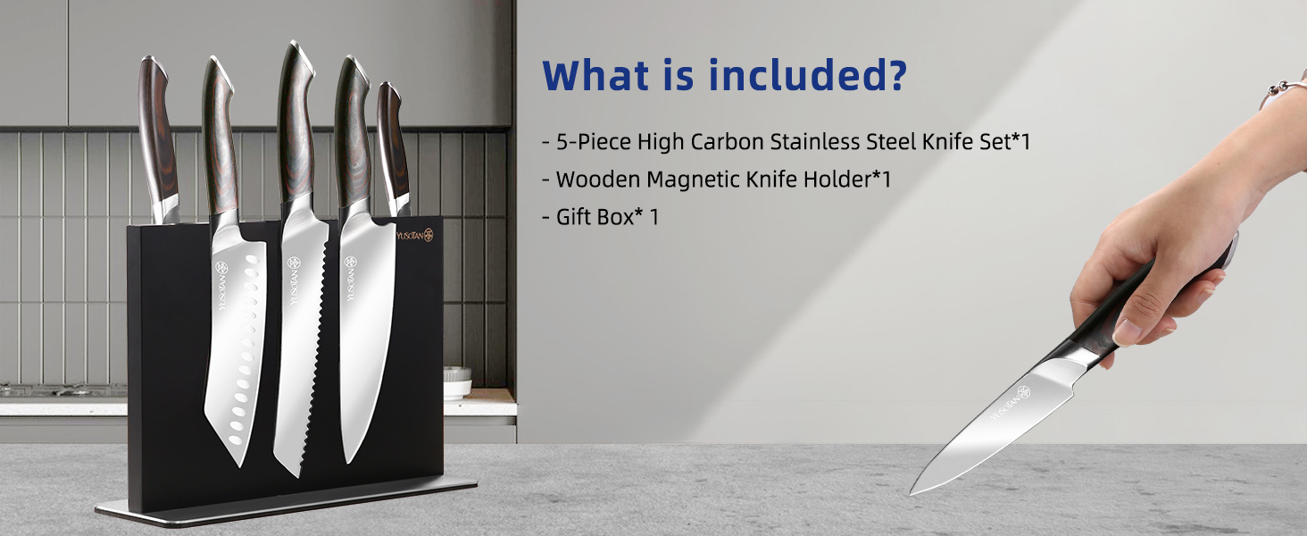 kitchen knife set with a wooden magnetic knife holder