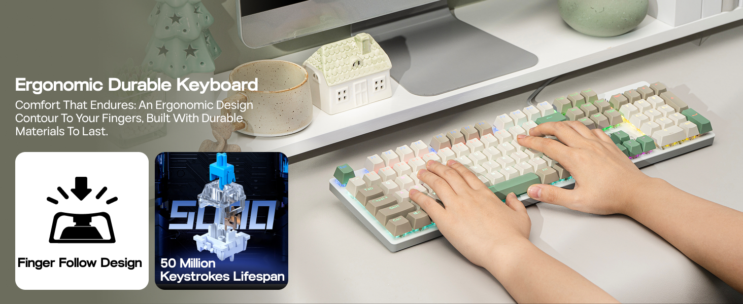 Keyboard setup with text 'Ergonomic Durable Keyboard' visible. Shows hands typing on white keyboard with product icons displayed in corner.