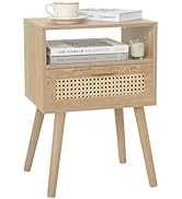 MaxSmeo Rattan Nightstand with Drawer, Mid Century Modern Wood Bedside Table for Living Room, Bed...