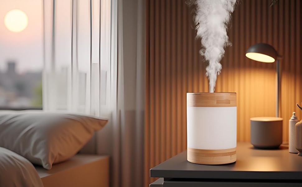 Single humidifier in dark room releasing soft mist, minimal design