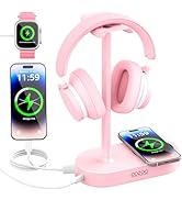 cozoo Pink Headphone Stand with 15W Wireless Charger, USB &amp; Type-C Ports,Cute Desk Gaming Headset...