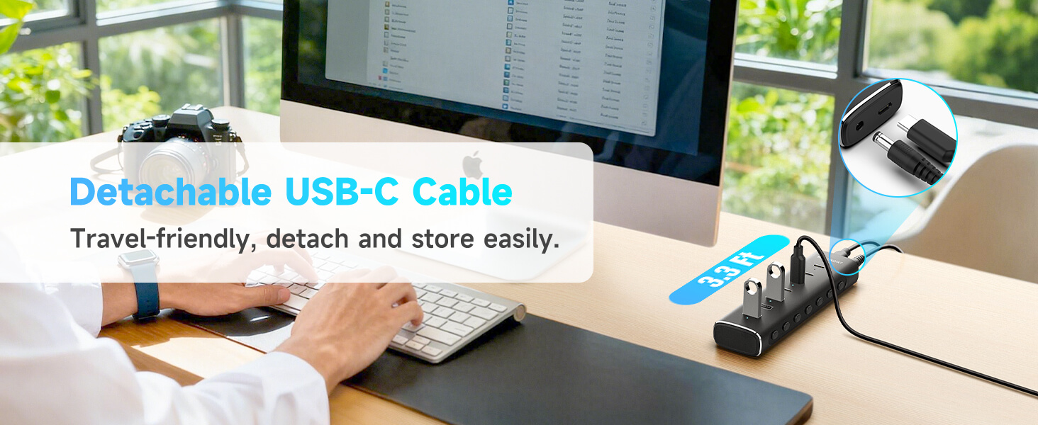 powered usb c hub with detachable usb c cable