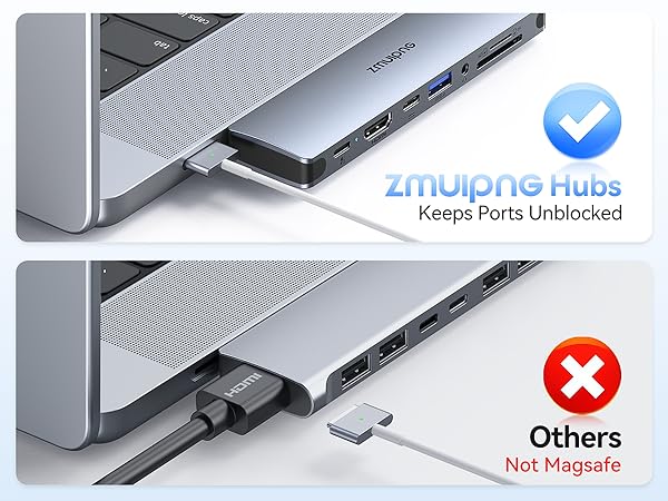 Comparison of laptop USB hub compatibility, showing a ZMI brand hub successfully connected versus an incompatible hub with 'Not Magsafe' warning.