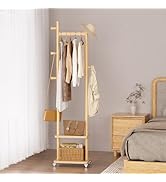Solid Wood Coat Rack Freestanding Clothing Rack with Wheels &amp; 2 Shelves Storage &amp; 5 Hooks Heavy D...