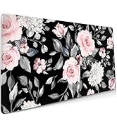 Floral Extended Gaming Mouse Pad Non-Slip Rubber Base Black Large Mousepad 35.4×15.7in with Stitc...