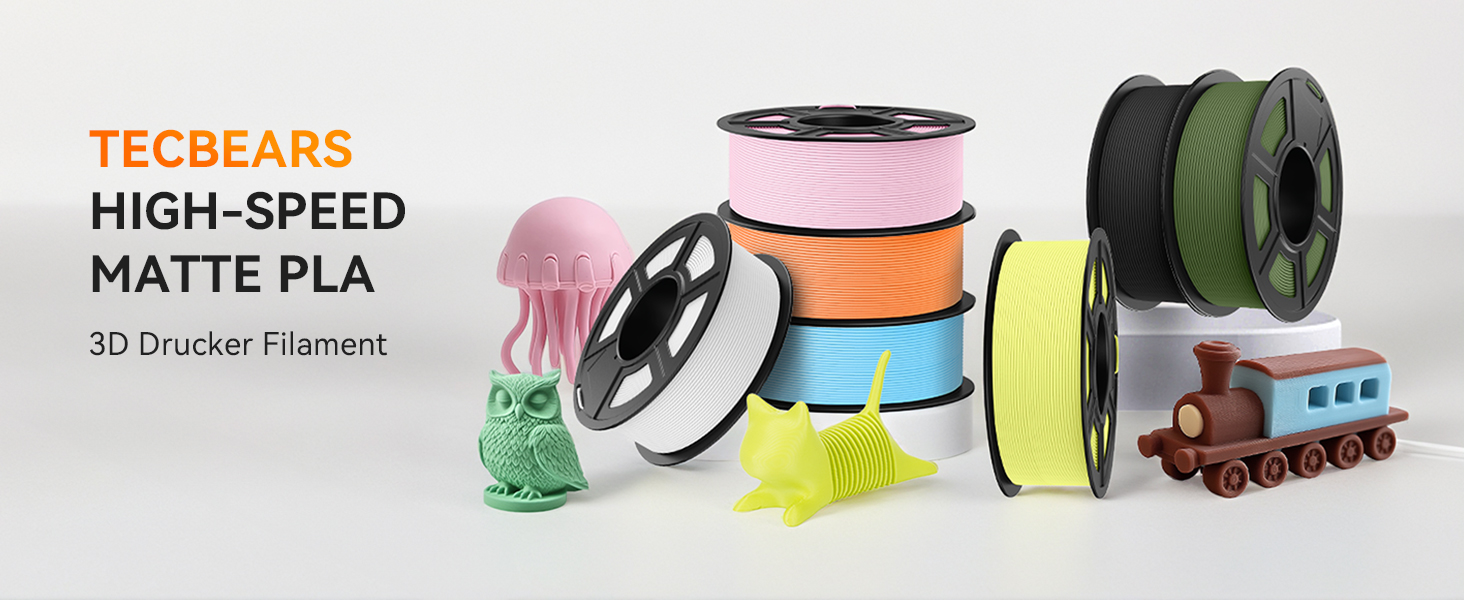 TECBEARS high-speed matte PLA 3D printer filament spools in various colors, displayed with small printed objects including pink and green figurines and a brown train.