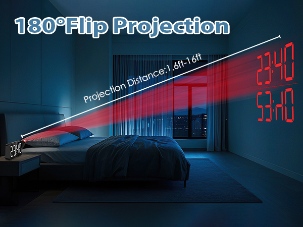 Projection Alarm Clocks for Bedrooms, Large LED Display Digital Clock with 180° Rotatable Projector