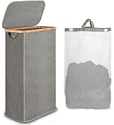 iEGrow 60L Slim Laundry Hamper, Narrow Laundry Basket with Lid,Foldable Clothes Hamper with Bambo...