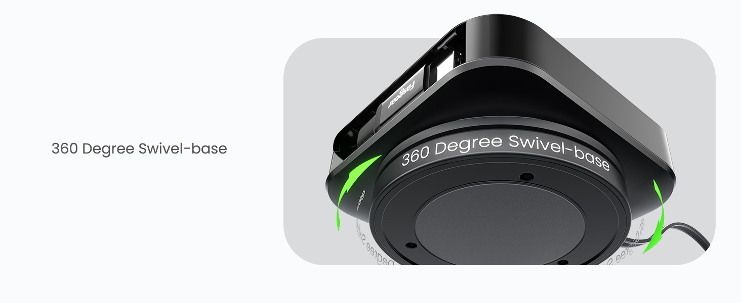 Black electronic device with a 360-degree swivel base. Circular shape with green accent lights. Appears to be a smart home or audio device.