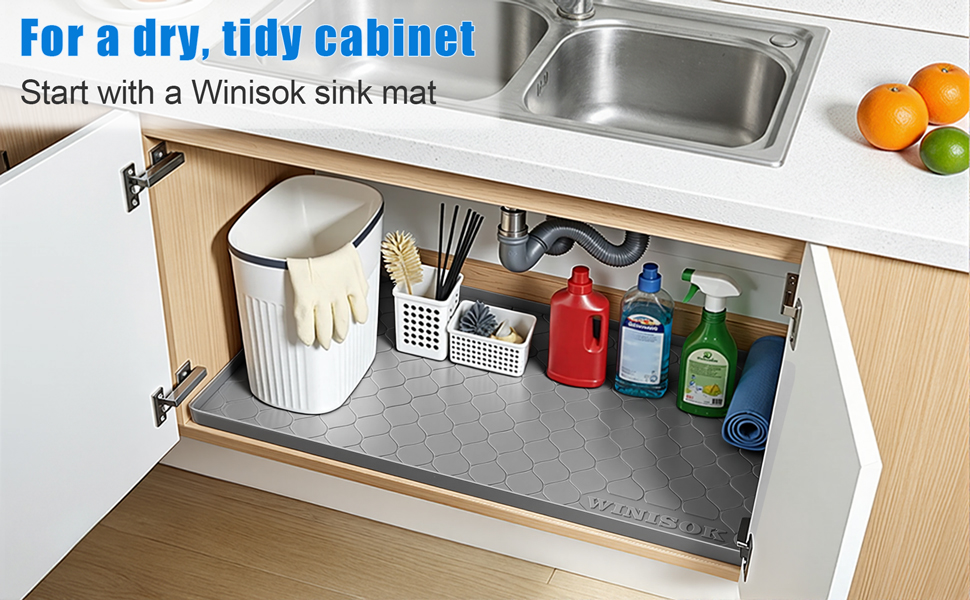 For a dry, tidy cabinet, Start with a Winisok sink mat