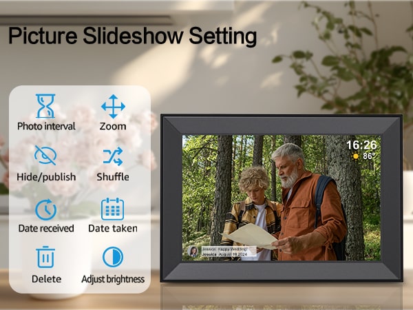 Slideshow feature with options like interval, order, hide.