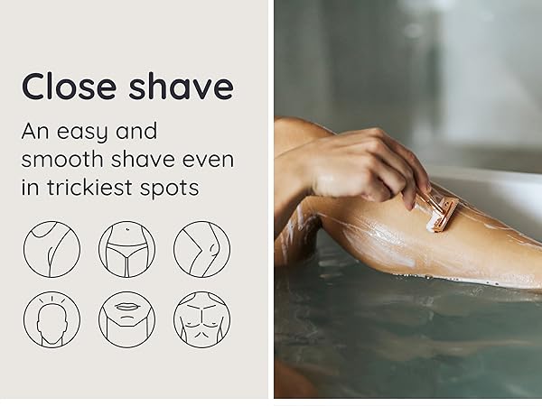 Electric shaver advertisement showing smooth leg and icons of body parts for close shaving. Text reads 'Close shave: An easy and smooth shave even in trickiest spots.'