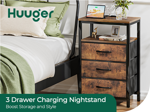 Nightstand with Charging Station, 27.6 Inch Side Table with Fabric Drawers