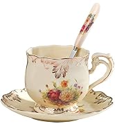 YOLIFE Flowering Shrubs Tea Cup and Saucer Set, 8 oz Vintage Ivory Ceramic Tea Cup Set with Spoon...