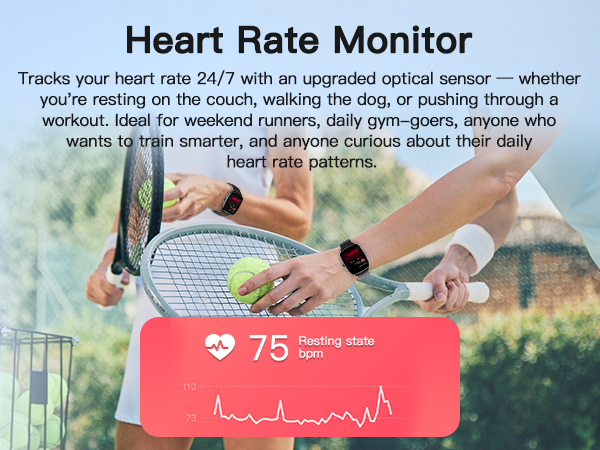 Smartwatch tracks heart rate while resting, walking, working out. For active people &amp; heart-curious.