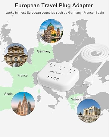 European Travel Plug Adapter, US to European Plug Adapter with 3 American Outlets