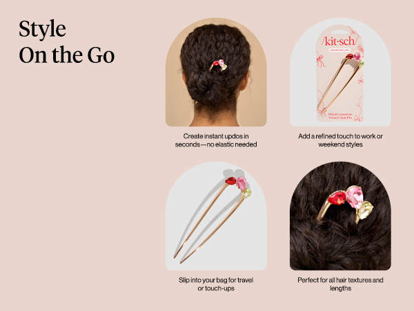 Kitsch Metal Gemstone French Hair Pin - Red, Pink &amp;amp; Green